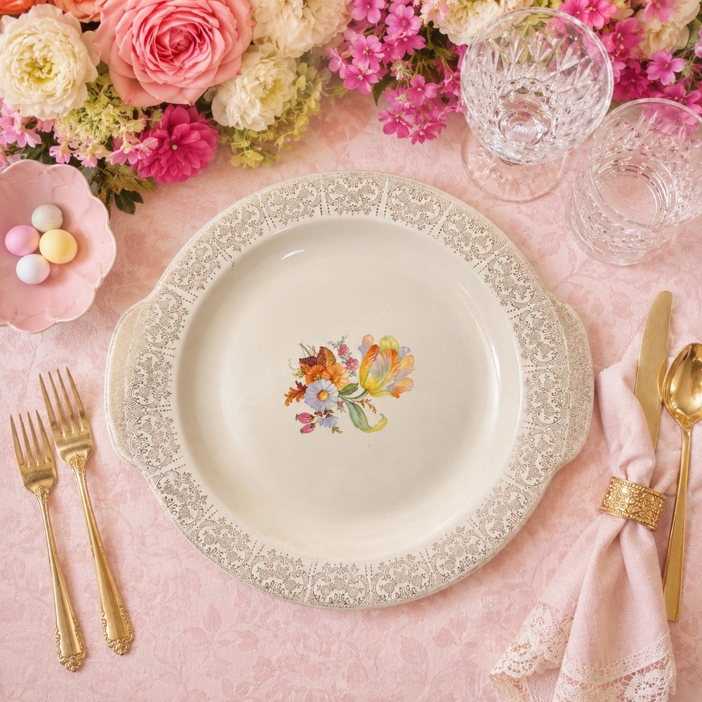 Vintage Spring Floral Filigree Royal China Cake Plate Cream Hollywood 22K Gold